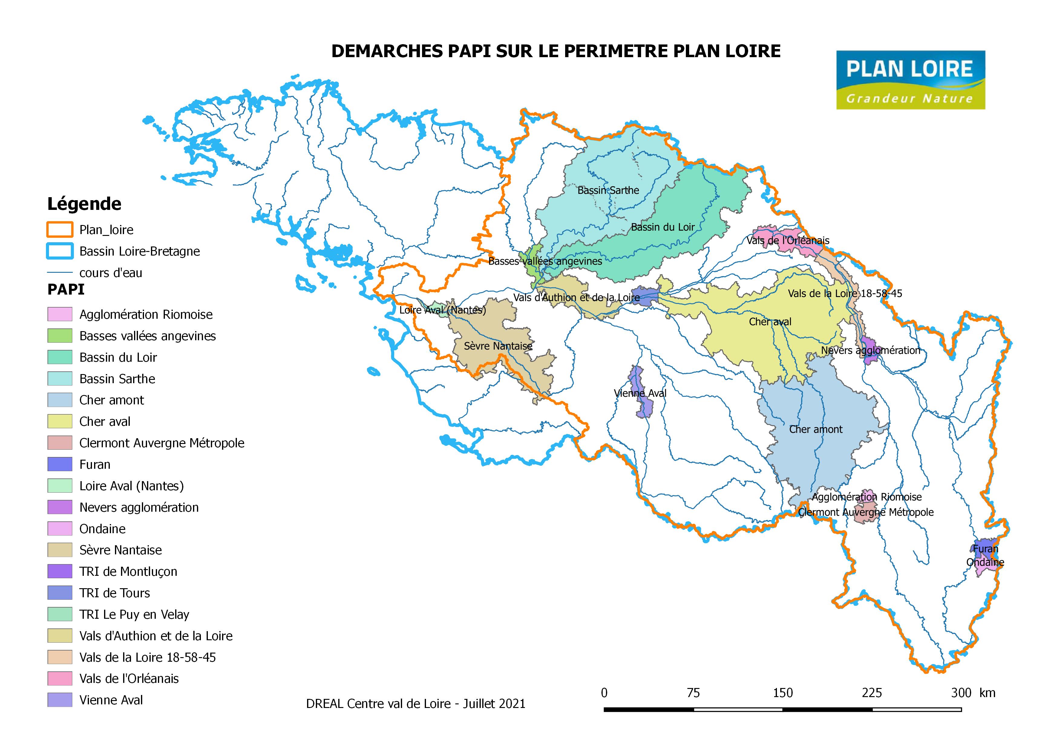 Carte des  PAPI sur le périmètre Plan Loire