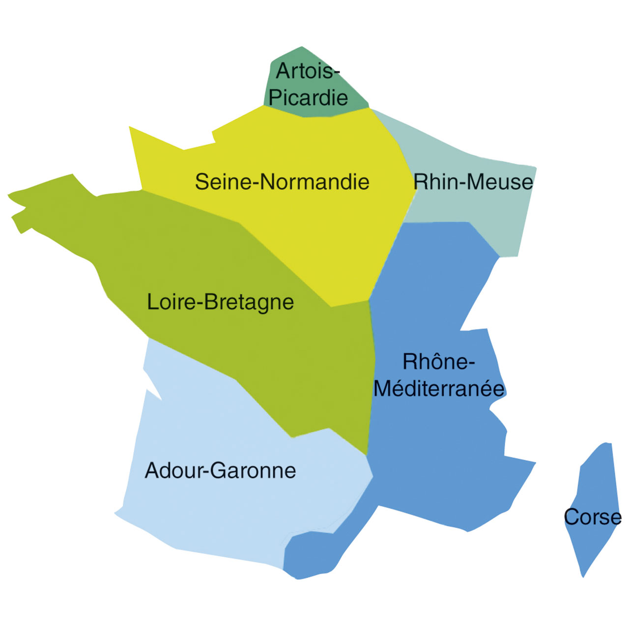 Carte des 6 agences de l'eau en France, qui correspondent aux septs bassins versants : Artois-Picardie, Seine-Normandie, Rhin-Meuse, Loire-Bretagne, Rhône-Méditerranée, Corse, Adour-Garonne